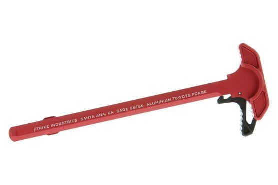 The Strike Industries ARCH red AR-15 charging handle with extended latch is forged from 7075-T6 aluminum